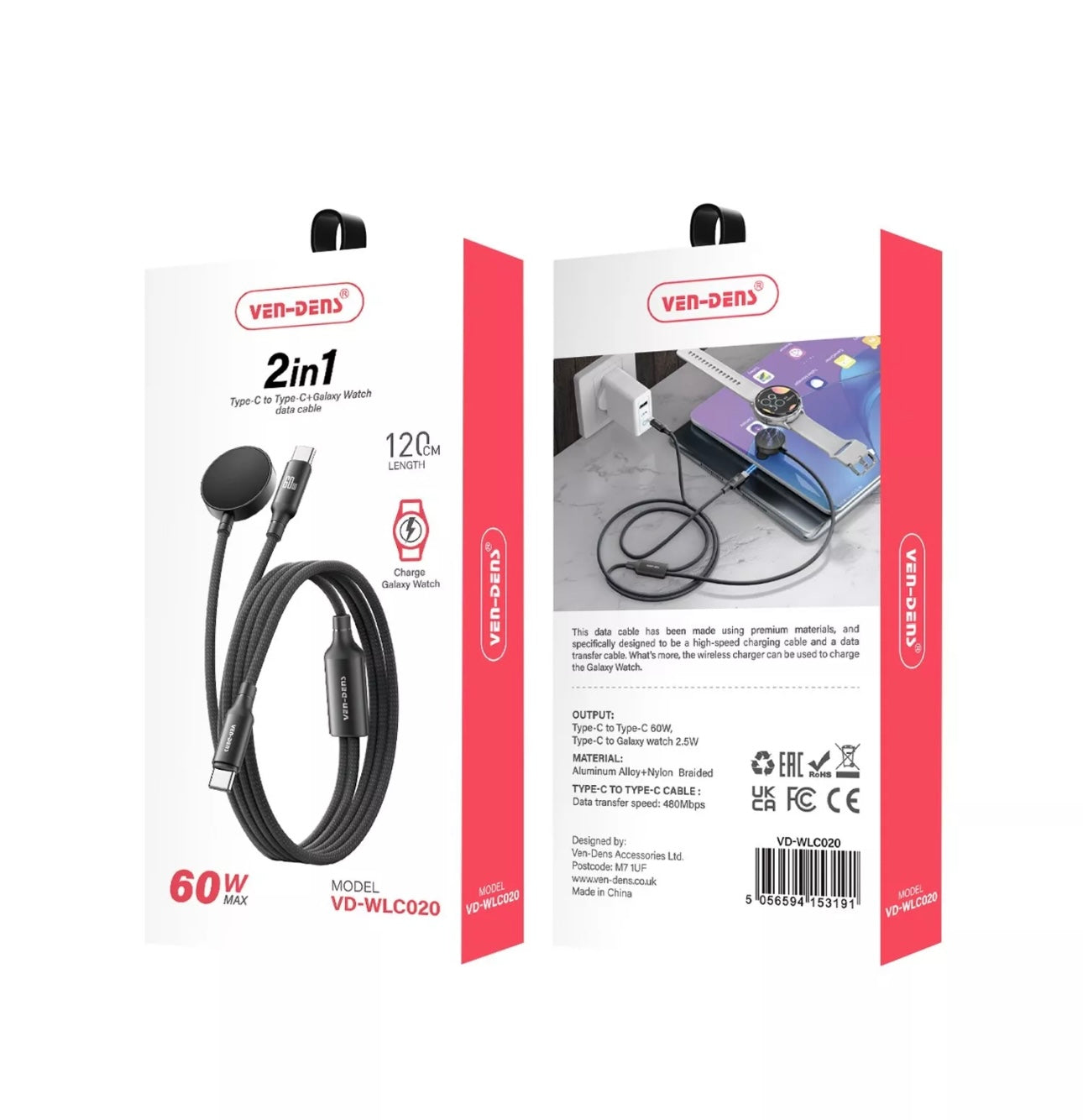 Ven Dens 2-in-1 60W Fast Charger USB-C to USB-C And Galaxy Watch Charging Cable