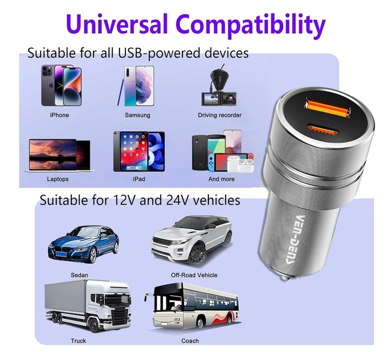 Ven-Dens Dual Port Car Charger, PD 30W + QC 18W, Fast Charge