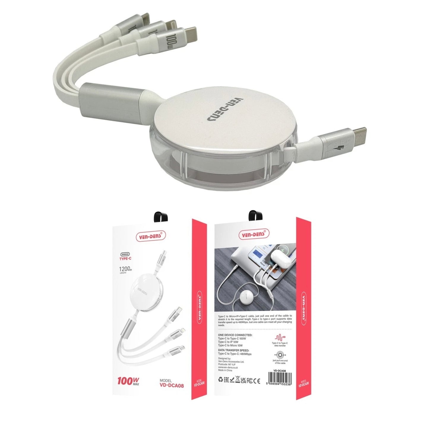 VEN-DENS 100W 3 in 1 Multi Charger Retractable Cable Fast Charging Multi-Port