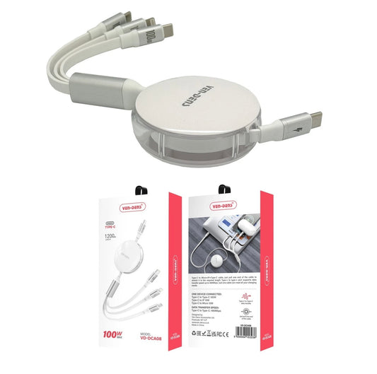 VEN-DENS 100W 3 in 1 Multi Charger Retractable Cable Fast Charging Multi-Port