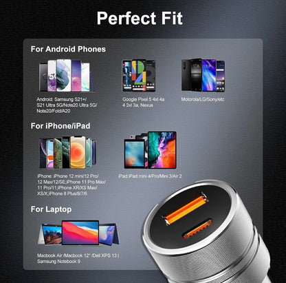 Ven-Dens Dual Port Car Charger, PD 30W + QC 18W, Fast Charge