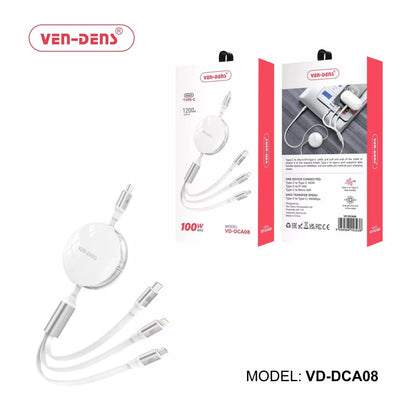 VEN-DENS 100W 3 in 1 Multi Charger Retractable Cable Fast Charging Multi-Port