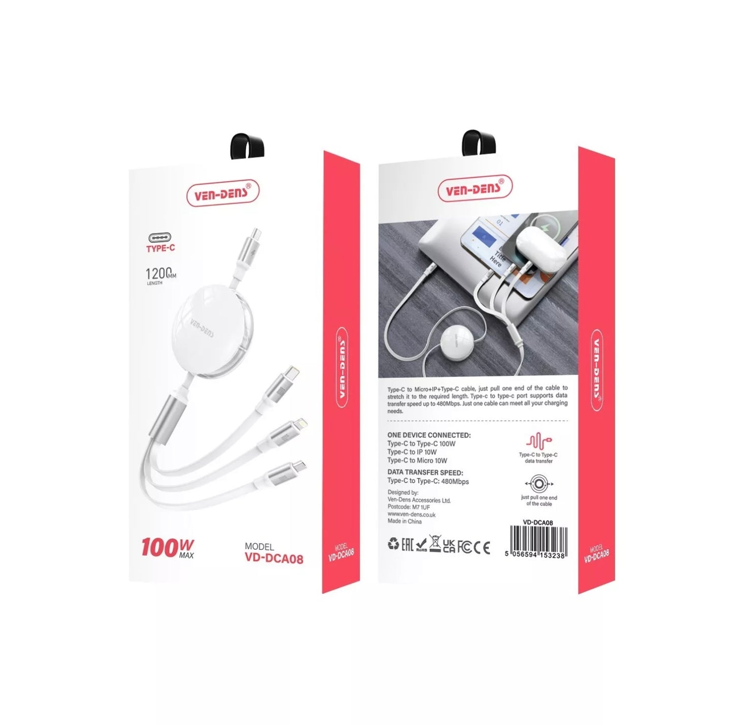 VEN-DENS 100W 3 in 1 Multi Charger Retractable Cable Fast Charging Multi-Port