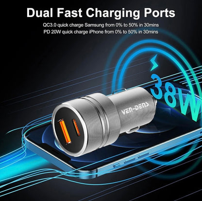 Ven-Dens Dual Port Car Charger, PD 30W + QC 18W, Fast Charge